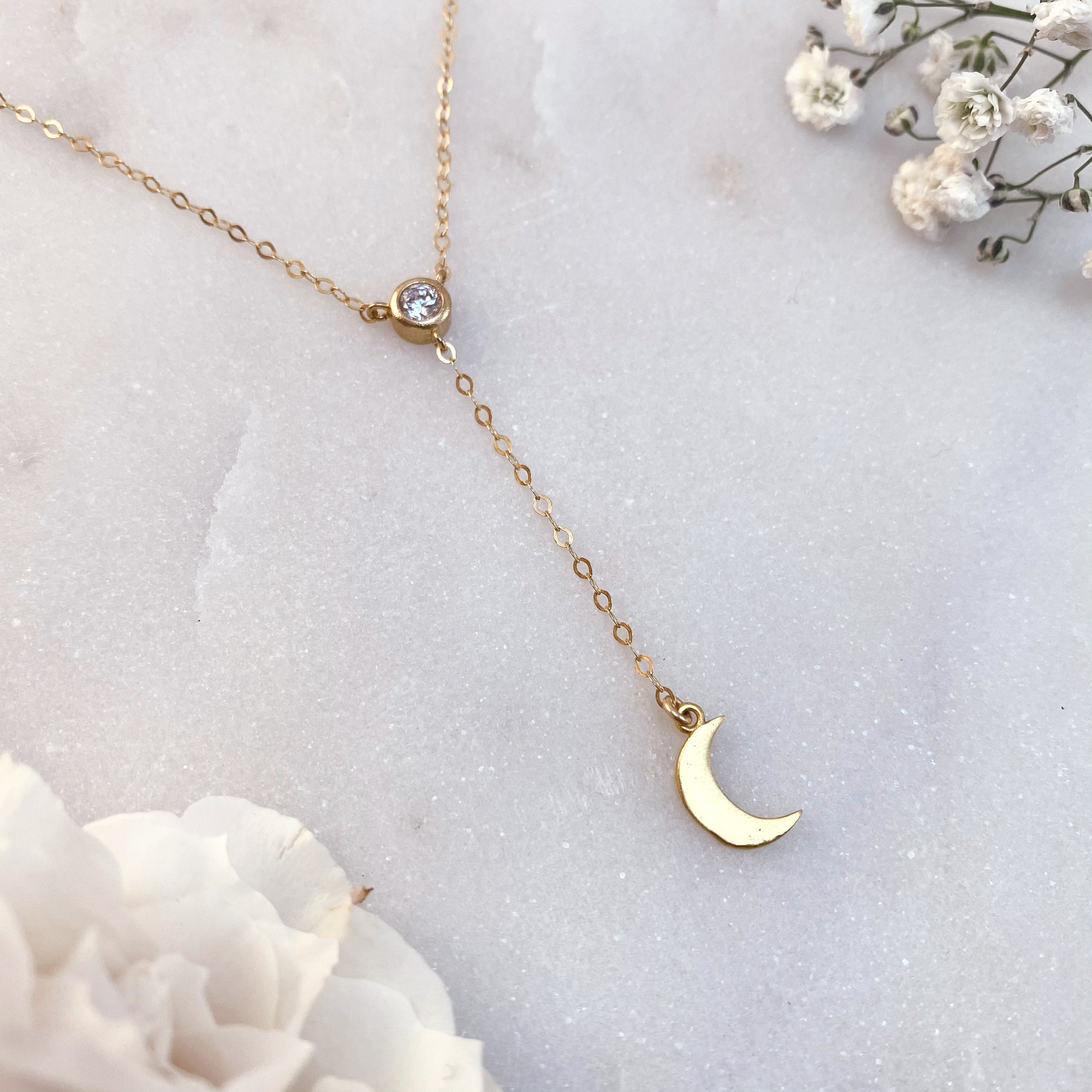 Ruchi Dainty Crescent Moon Drop Lariat Necklace
